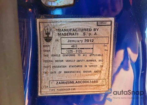 2012 Maserati Granturismo S z USA, uszkodzony, nr VIN ZAM45MLA8C0063488